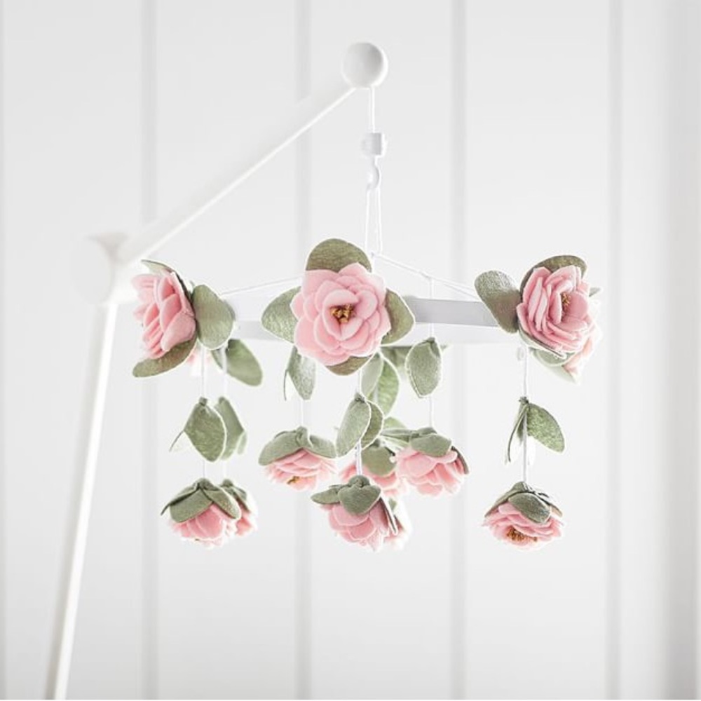 Pottery Barn Kids Felted Pink Roses Musical Baby Crib Mobile like new with box